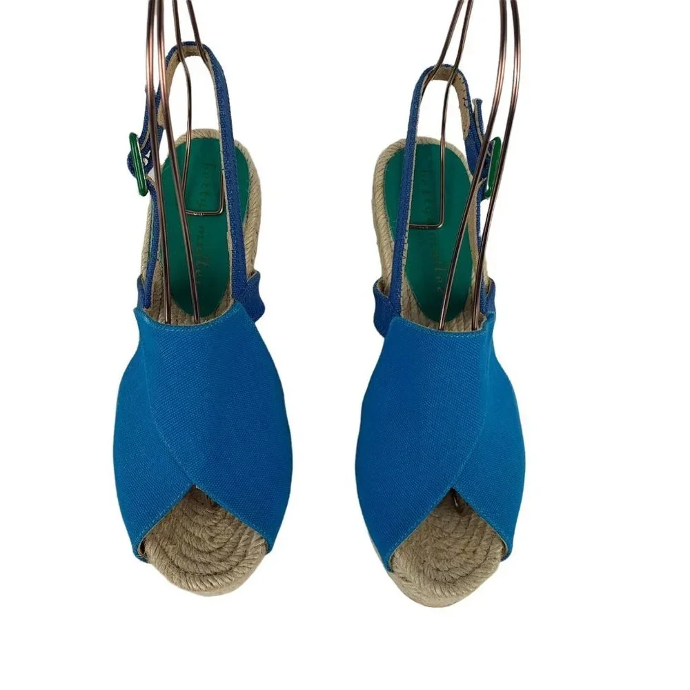 Bettye Muller Espadrille Wedges Blue Open Toe‎ Canvas Upper Made in Spain 40